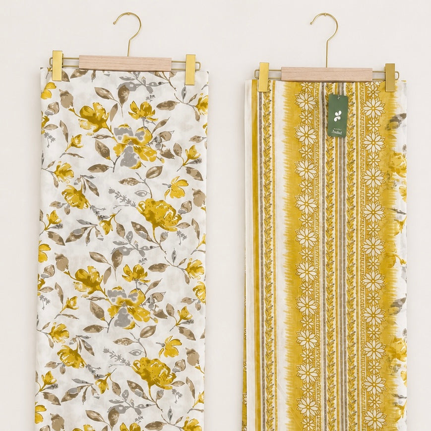 White & Yellow Floral Premium Unstitched Suit Set