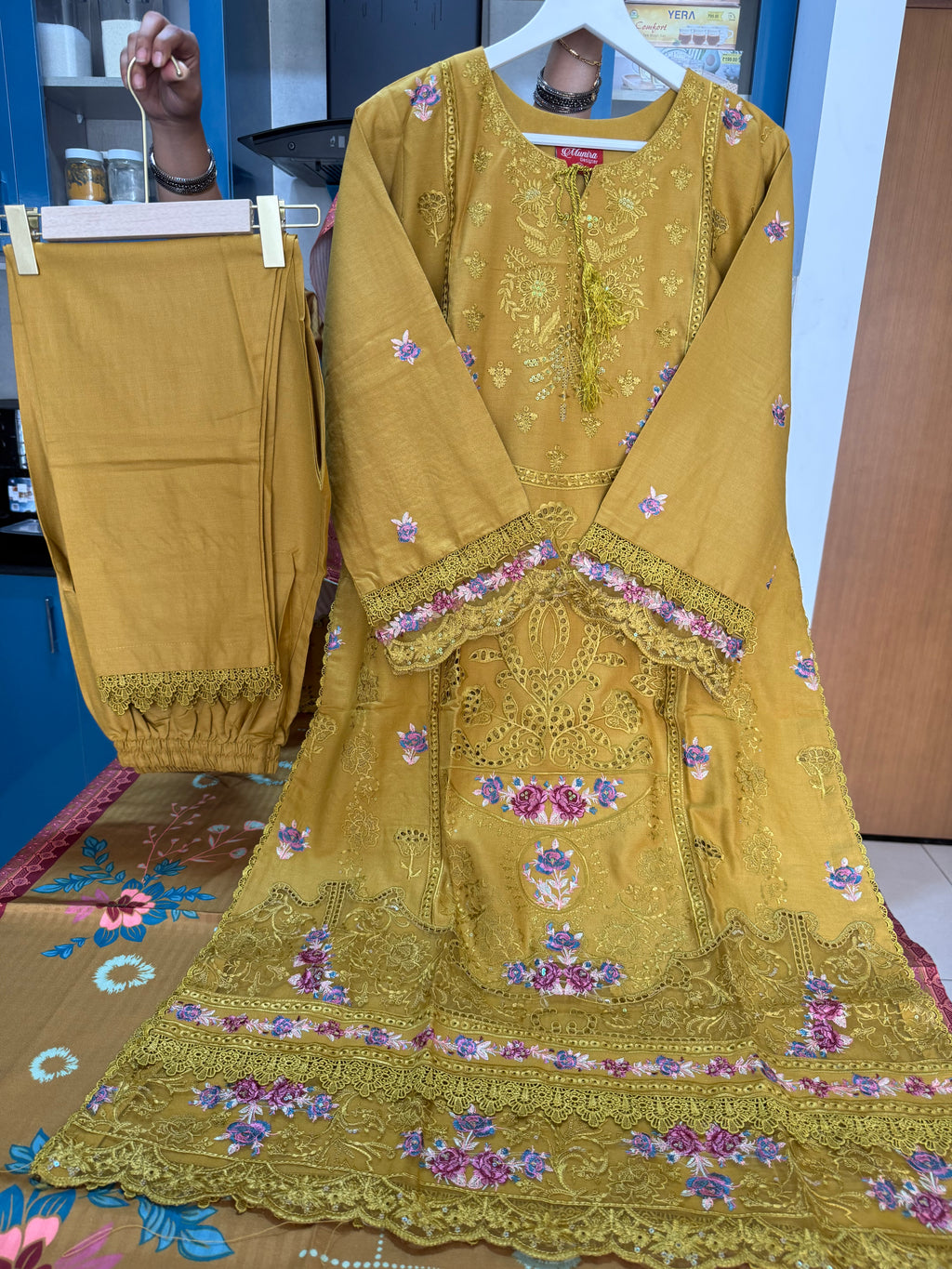 Munira Designer: Mustard Gold Embroidered Linen Ensemble