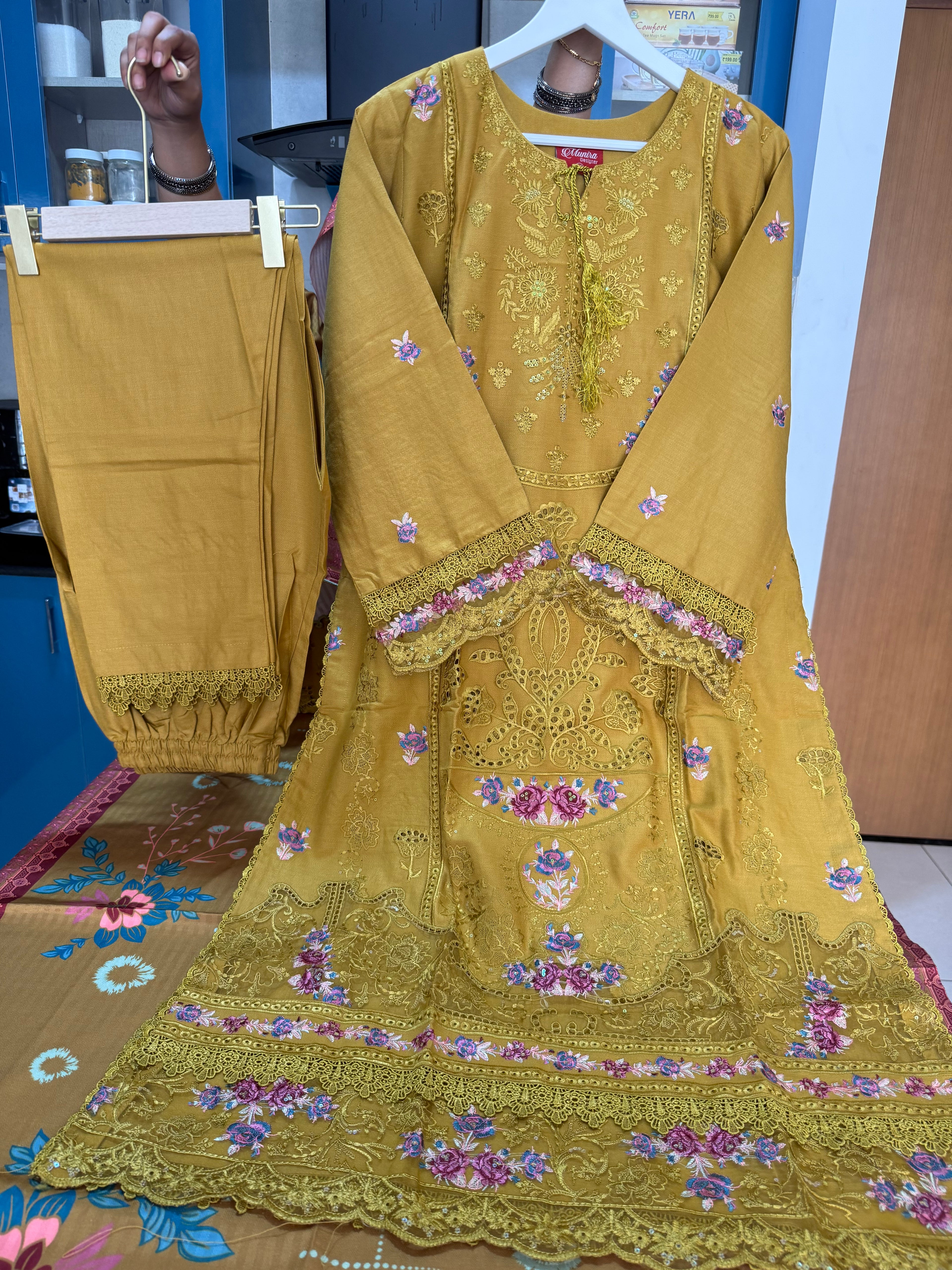 Munira Designer: Mustard Gold Embroidered Linen Ensemble