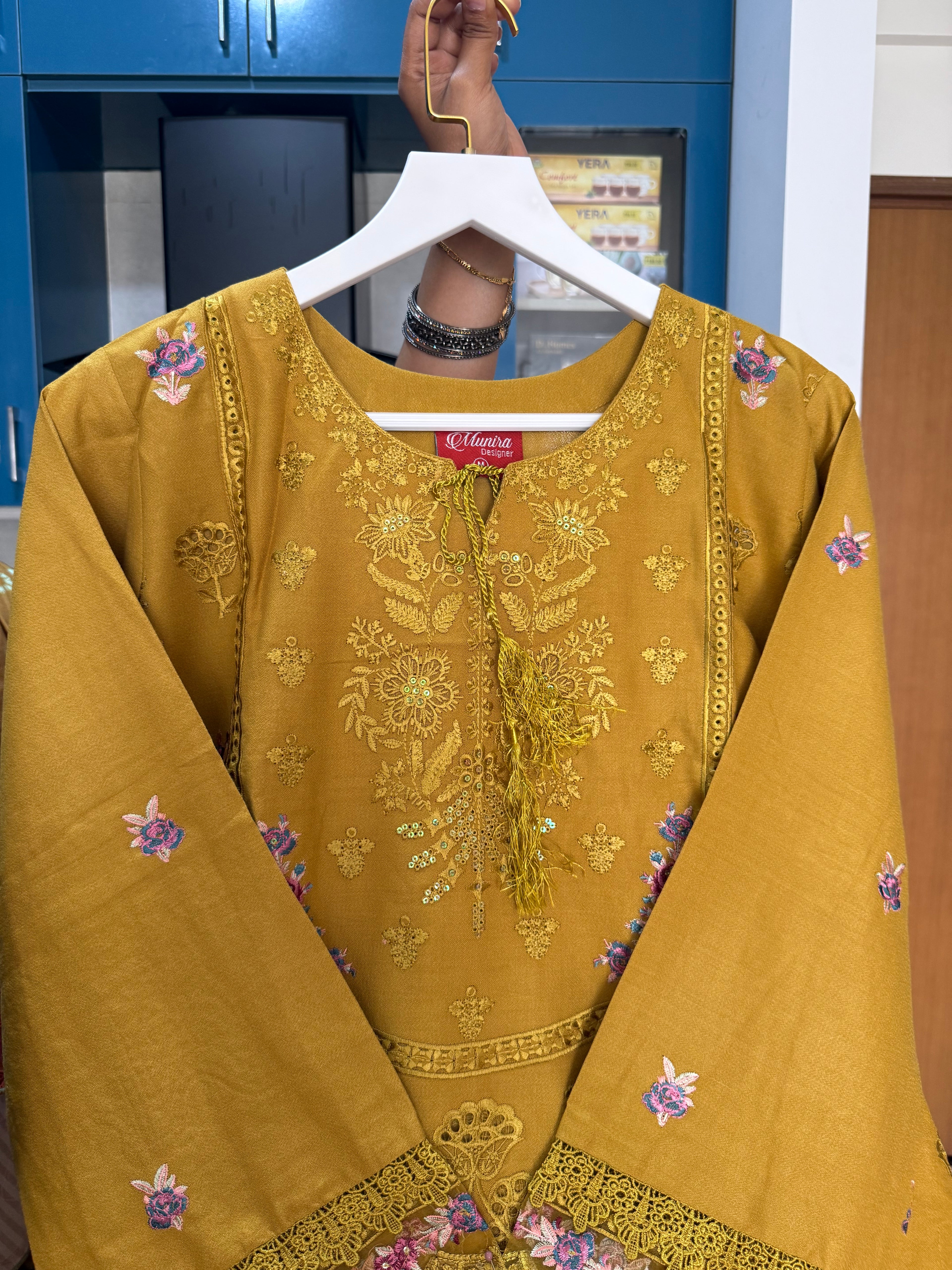 Munira Designer: Mustard Gold Embroidered Linen Ensemble