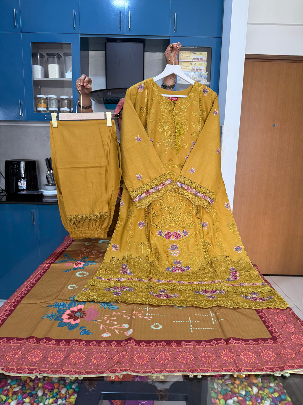 Munira Designer: Mustard Gold Embroidered Linen Ensemble