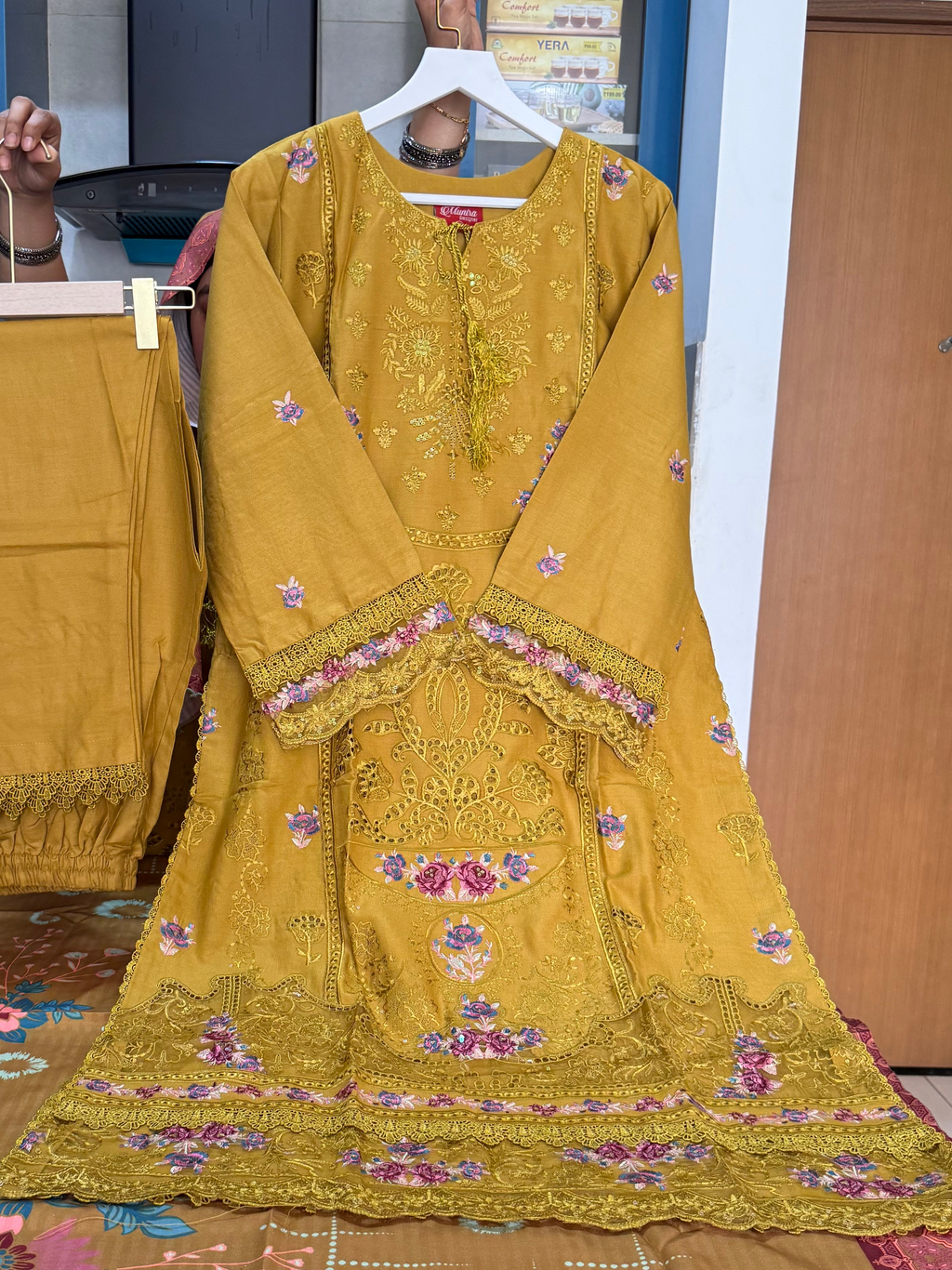 Munira Designer: Mustard Gold Embroidered Linen Ensemble
