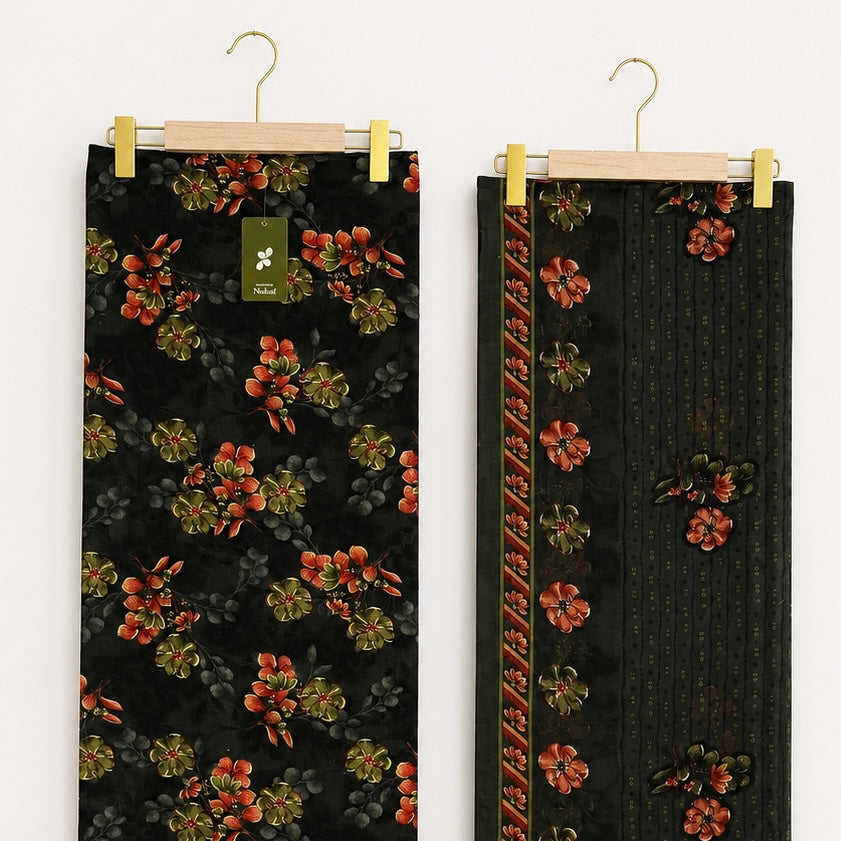 Dark green  Floral Premium Unstitched Suit Set