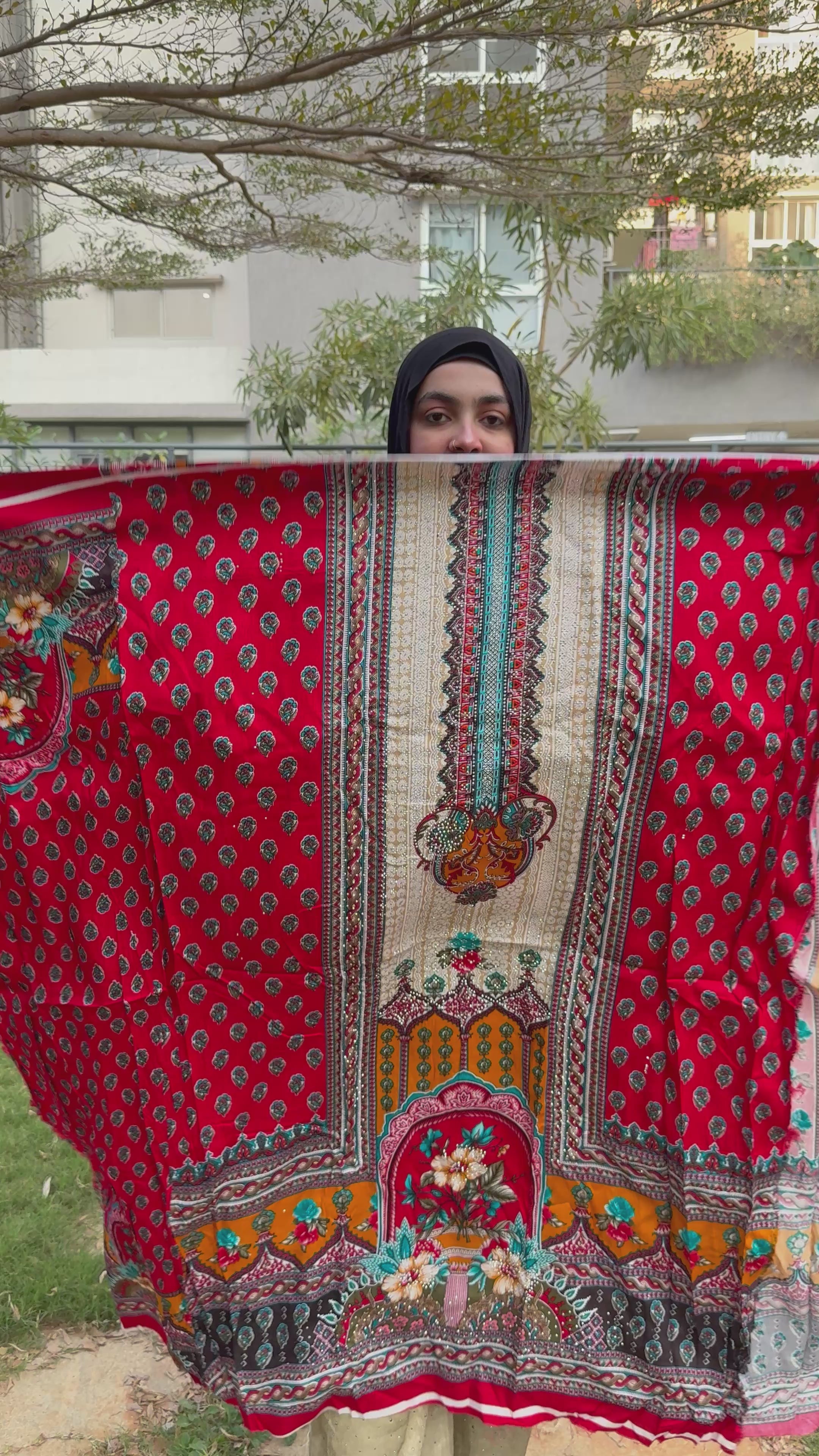 Rich crimson red - heritage prints (unstitched Pakistani outfit)